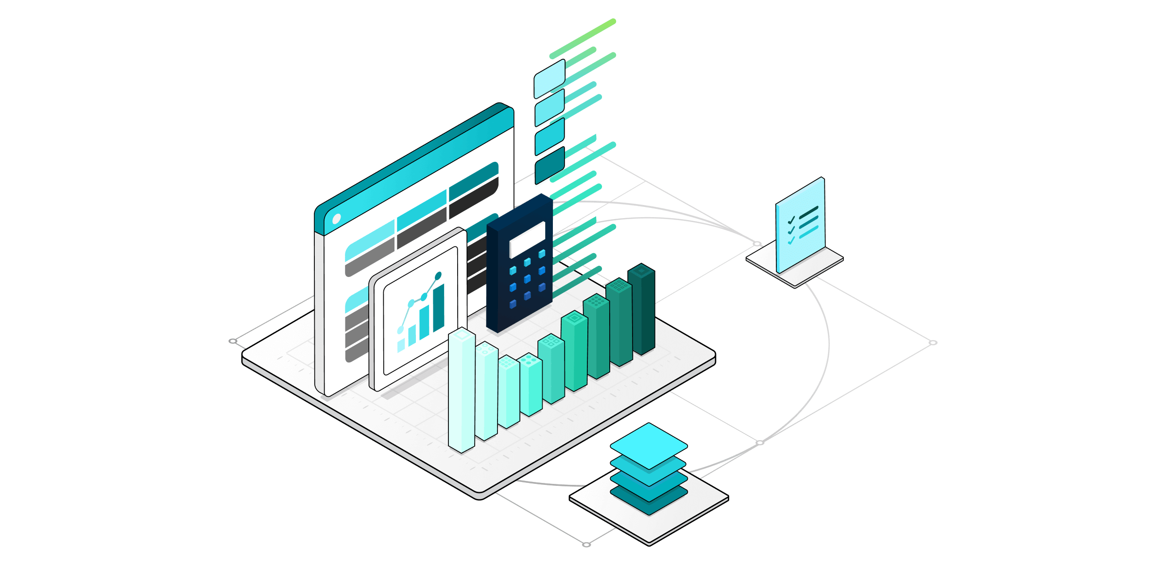 An isometric illustration of technical components for business central services.